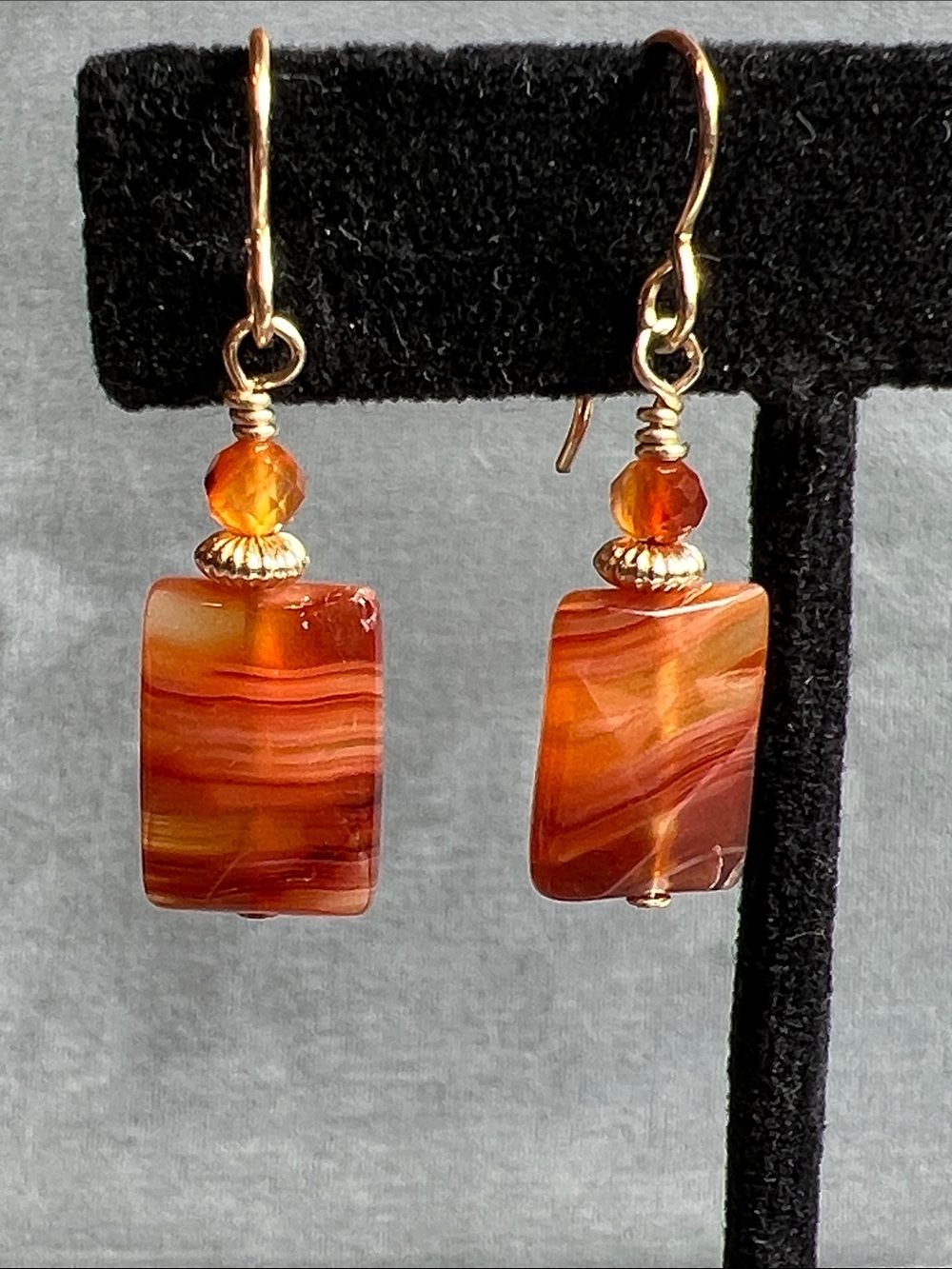 Carnelian faceted gemstone dangle earrings, hypoallergenic gold filled ear wires